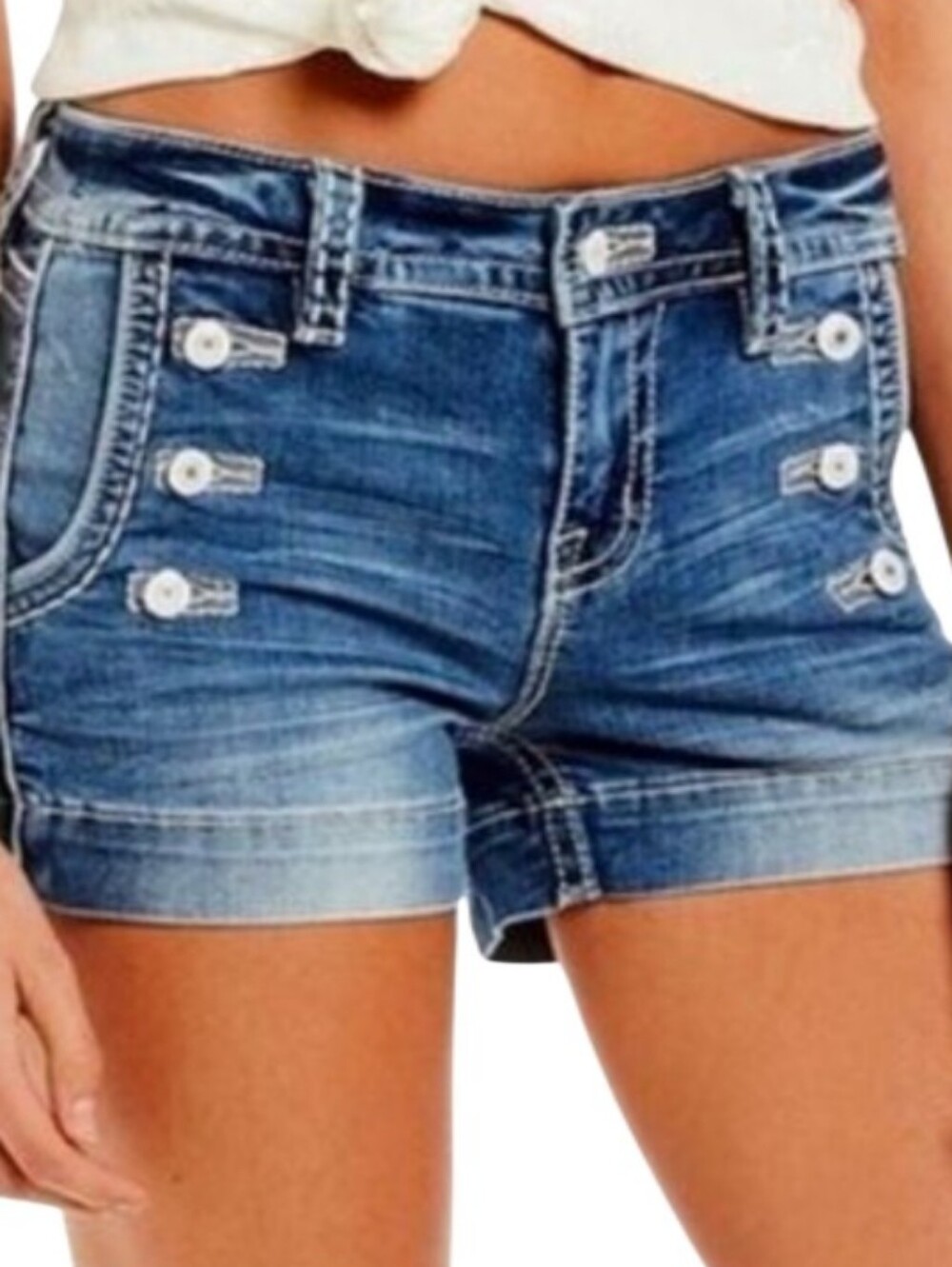 Miss Me Blue Mid-Rise Short Sailor Denim Shorts